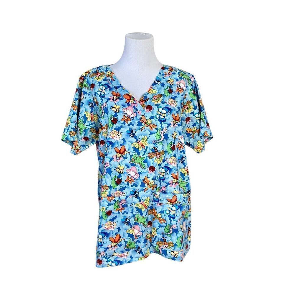 Landau‎ Scrub Top MEDIUM Bugs Insects Blue Uniform Nursing Medical Office